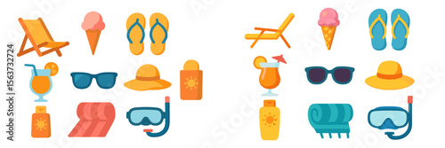 Colorful summer accessories for a beach vacation featuring sunglasses, sandals, and refreshing treats