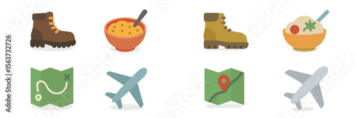 Summer camping essentials featuring boots, food, and travel gear for outdoor adventures