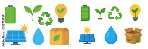 Energy conservation and sustainability icons representing eco-friendly practices and renewable resources