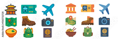 Artistic icons representing travel, adventure, and exploration in a colorful design featuring various travel-related elements