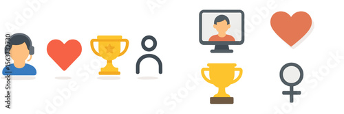 Creative digital icons representing teamwork, achievements, and online connection in a colorful design