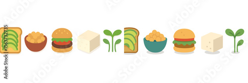 Colorful illustrations of plant-based foods arranged neatly in a row, showcasing variety in options and preparations for healthy eating