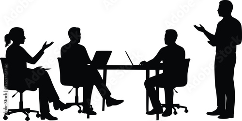 Silhouette professional meeting scene with four people seated at a table and one person standing and leading the discussion