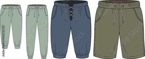Stylish jogger pants and shorts fashion flat illustration, modern casual wear design with drawstring waist, ideal for active lifestyle clothing. flat vector illustration