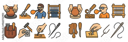Artisans engage in traditional crafts in a workshop showcasing pottery, glassblowing, weaving, leatherwork, and wood carving