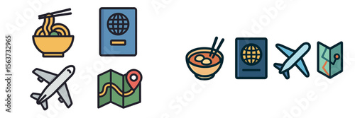 Travel adventure essentials with noodles, maps, and passports in a vibrant design depicting journey preparations