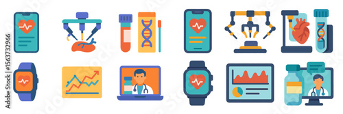 Health monitoring and medical technology illustrated through vibrant icons and graphics showcasing advancements in healthcare
