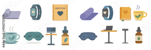 Wellness items and symbols for relaxation and self-care practices in a cozy setting