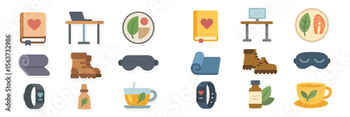 A collection of health and wellness icons representing relaxation, fitness, and self-care essentials for a balanced lifestyle