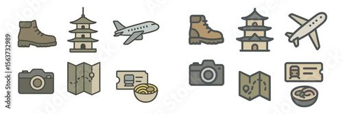 Travel essentials and symbols representing exploration and adventure with various icons for planning and experiences