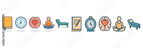 Mindfulness and wellness icons illustrating relaxation and mental health practices for daily routines