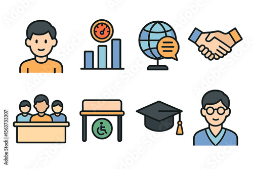 Illustration of various educational and collaborative concepts featuring people, graphs, and symbols related to learning and teamwork