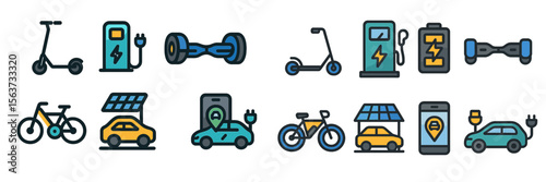 Electric transportation options featured, showcasing scooters, bikes, and charging stations with renewable energy solutions