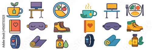 Wellness and lifestyle icons representing various activities for health, relaxation, and productivity throughout the day