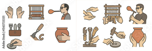 Craftsmanship skills are showcased through various artisans' tools and techniques in a workshop setting