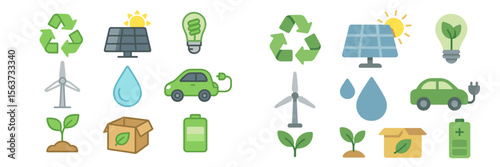 Visual representation of renewable energy concepts featuring solar panels, wind turbines, and eco-friendly vehicles in a vibrant design