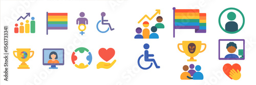 Diverse symbols representing inclusivity and support for LGBTQ+ rights in a modern and vibrant design