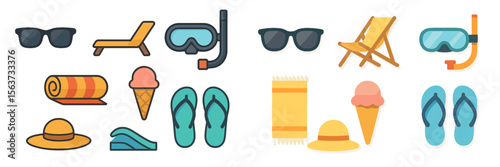 Summer beach essentials including sunglasses, snorkel gear, and beach chairs arranged colorfully for a sunny day