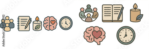 Icons representing self-care practices like mindfulness, journaling, and time management for personal well-being and reflection