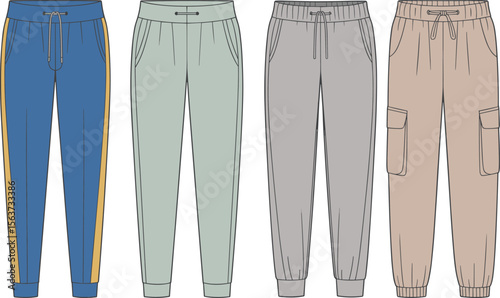Fashion jogger pants flat sketch, casual wear illustration, cargo style, drawstring waist, comfortable fit, sportswear template, trendy apparel design. flat vector illustration