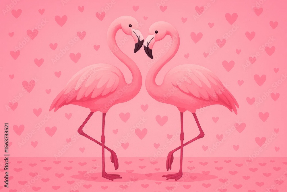 Obraz premium Two pink flamingos standing next to each other in front of hearts
