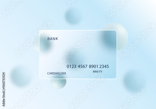 Glassmorphism style bank card mockup with floating blue spheres on light background