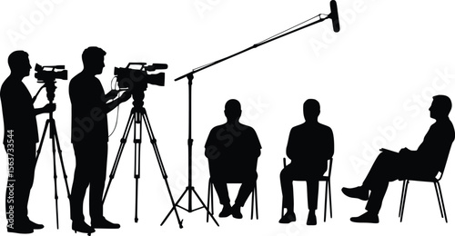 Silhouette illustration showing two camera operators filming two seated individuals in a media interview setup
