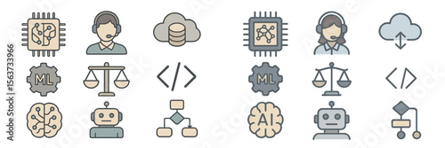 Modern technology icons showcasing machine learning, artificial intelligence, and data processing concepts in a minimalist design