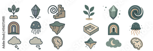 Unique collection of abstract and nature-inspired icons depicting creativity and imagination in design