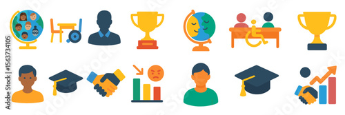 Diverse educational symbols depicting students, achievement, teamwork, and inclusion in a balanced learning environment