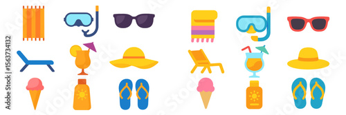 Summer beach essentials with colorful accessories for a perfect vacation getaway