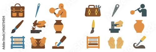 Various tools and activities representing different crafts and trades displayed in a creative layout for educational purposes
