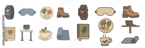 Variety of wellness and lifestyle icons representing health, nutrition, fitness, and relaxation activities