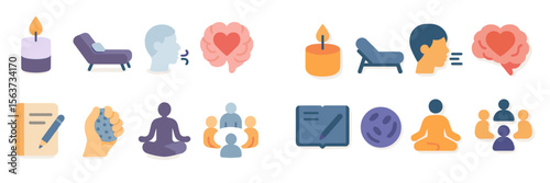 Various icons representing mental health and wellness practices in a modern design with soothing colors