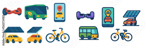 Innovative transportation icons representing various mobility options and usage of technology for urban commuting solutions
