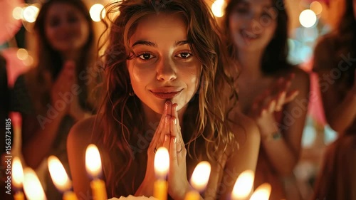young woman blowing out candles on birthday cake with joyful expression