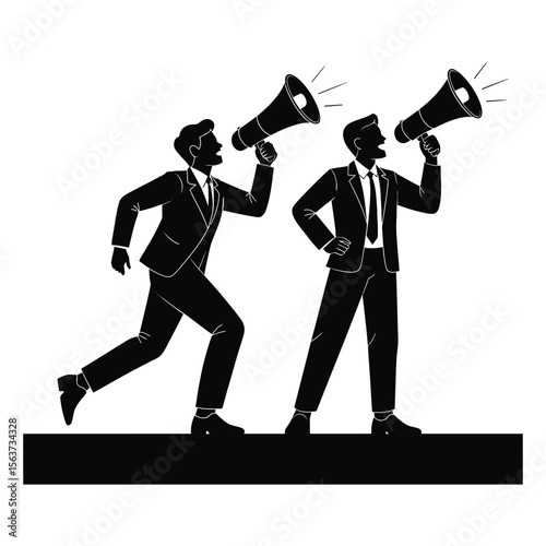 Two Businessmen in Suits Shouting into Megaphones Black Silhouette Illustration businessman