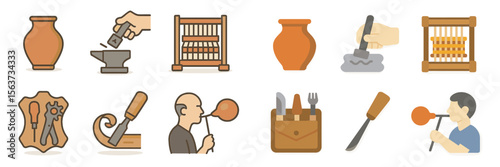 Craftsmanship tools and pottery making process in a creative workshop setting