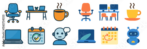 Office workspace icons representing productivity tools and elements for a modern work environment