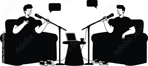 Silhouette of two people having a conversation with microphones on armchairs