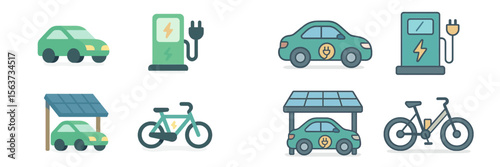 Green electric vehicles and charging stations highlight eco-friendly transportation solutions in urban settings