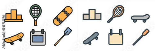 Colorful illustrations of sports equipment for tennis and skateboarding in a playful layout suitable for various designs