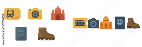 Illustrative representation of travel elements including a train, camera, iconic landmark, and rugged boots