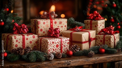 Wrapped gifts adorn a rustic table near a warm fireplace