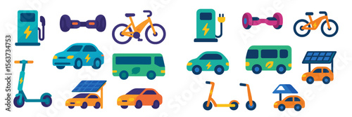 Diverse electric transportation options depicted in a colorful design showcase modern mobility solutions for cities