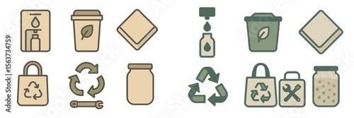 Icons representing eco-friendly practices for sustainable living and waste management in everyday activities