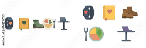 Various icons representing hobbies, fitness, and meal preparation displayed on a clean background
