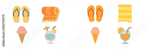 Sunny beach items including flip flops, towels, and refreshing summer drinks for a perfect outdoor experience