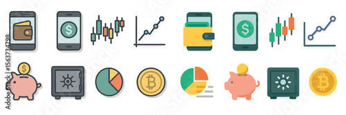 Digital finance icons including wallets and currencies representing modern banking concepts in a minimalistic style