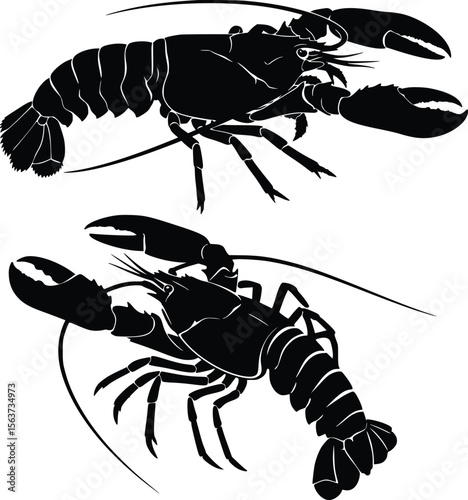 Silhouette of two lobsters with distinct claws and antennae in minimalist style
